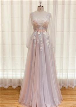 Picture of Elegant Flower Lace Pink Party Dres,s Sexy V Neck Evening Dresses Backless Tulle Prom Dresses